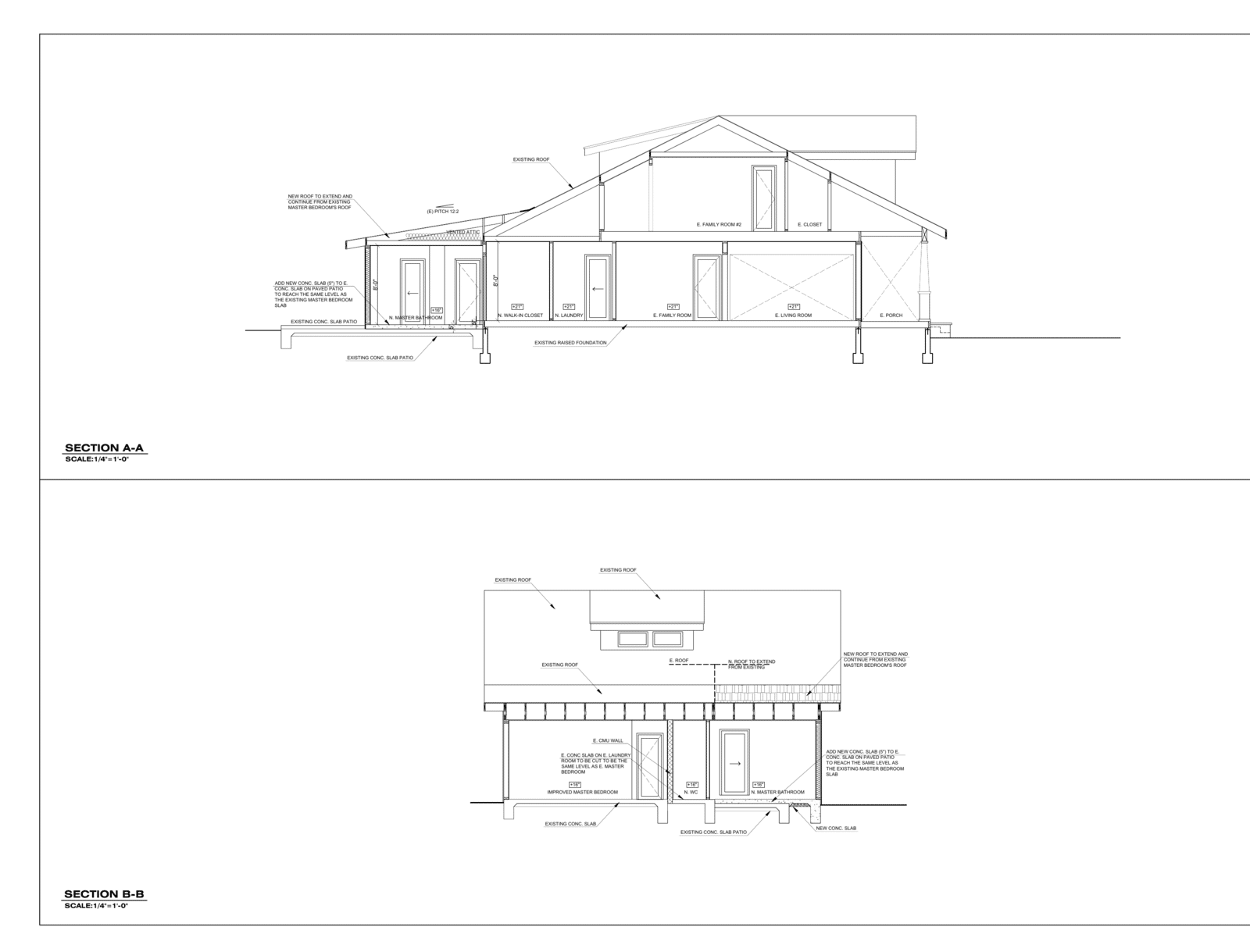 Building sections showing the new addition roof extending the existing bedroom roofline and slab leveled to the existing floor, South Park San Diego home addition
