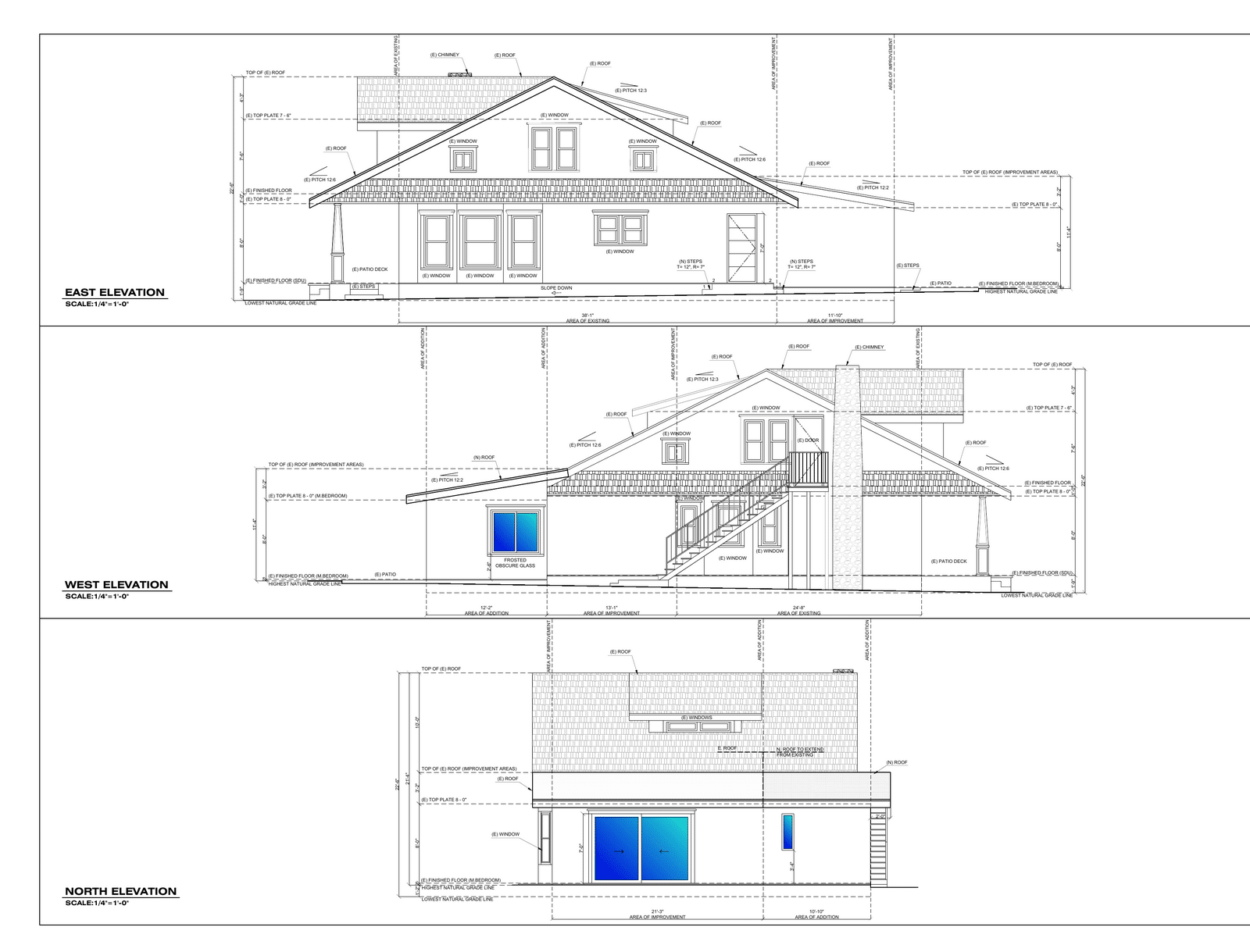 East, west, and north elevations of a Craftsman home addition in South Park, San Diego, matching the existing roof pitch