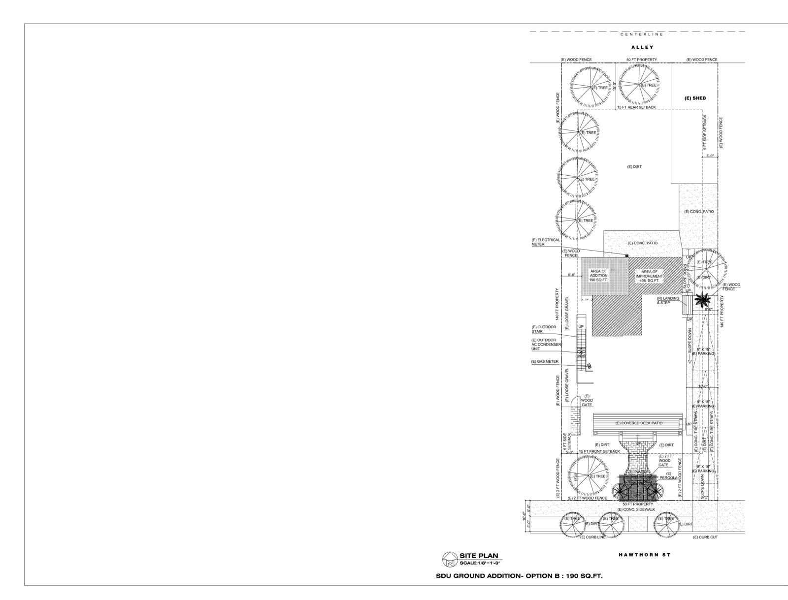 Site plan for a rear ground-level home addition on a 50 by 140 foot South Park San Diego lot with alley access